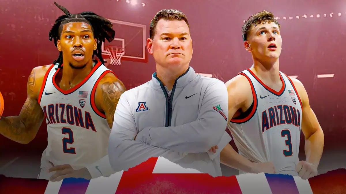 Arizona Wildcats basketball coach Tommy Lloyd and star guards Caleb Love (2) and Pelle Larsson (3)