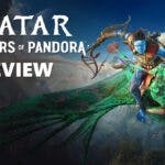frontiers pandora review, frontiers pandora gameplay, frontiers pandora story, avatar frontiers pandora, frontiers pandora, key art for Avatar Frontiers of Pandora with the game logo on the left and the word Review under it