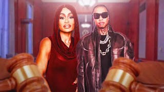 Blac Chyna and Tyga with a gavel behind them