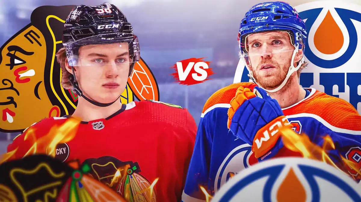 Connor Bedard on one side with a CHI Blackhawks logo, Connor McDavid on other side with EDM Oilers logo, the VS. text in middle, hockey rink in background, some fire around both players