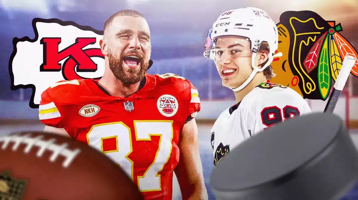 Connor Bedard and Travis Kelce on either side of image looking at each other and happy, CHI Blackhawks and KC Chiefs logos in image, hockey rink in background