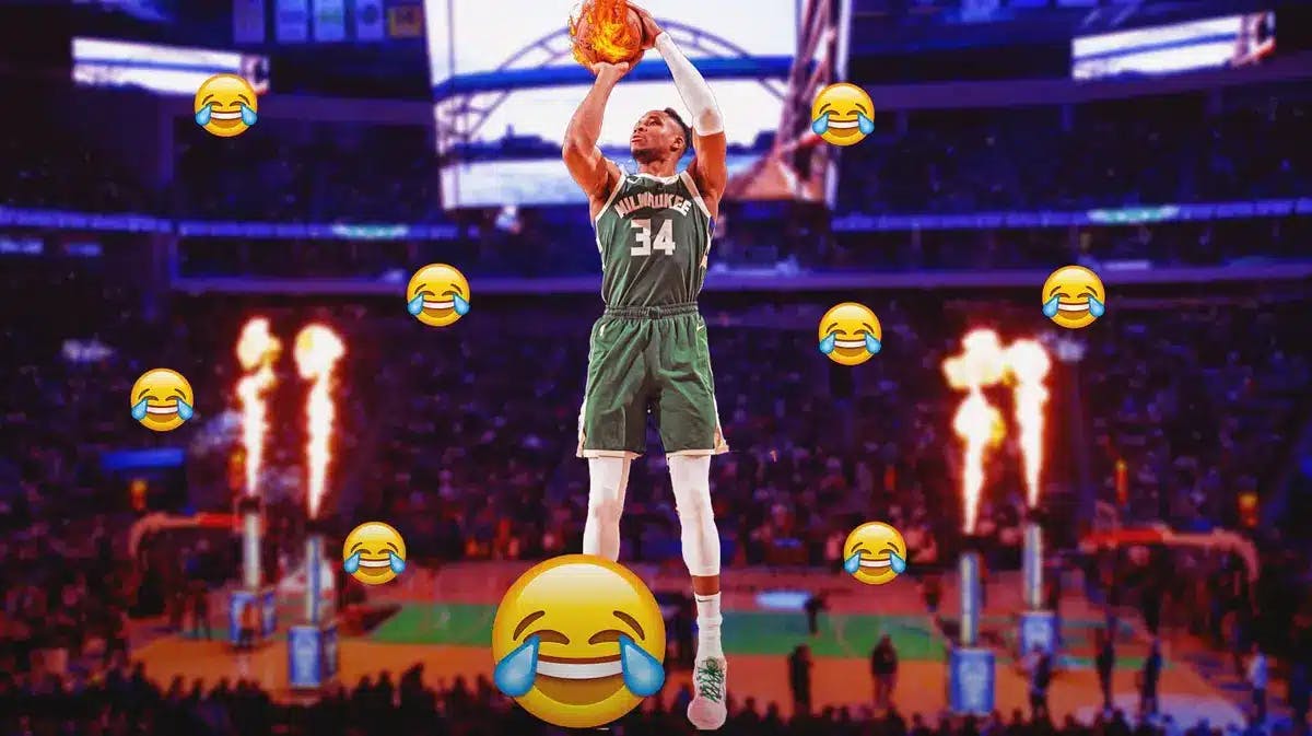 Giannis Antetokounmpo shooting a fiery jump shot with laugh emojis in the background