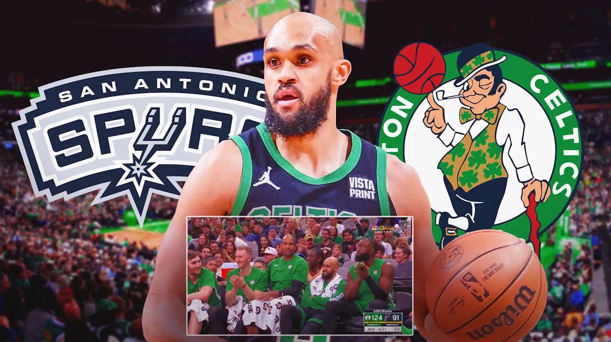 Derrick White with the Celtics and Spurs logos in the background, also include a screenshot from the link of the Celtics players on the bench