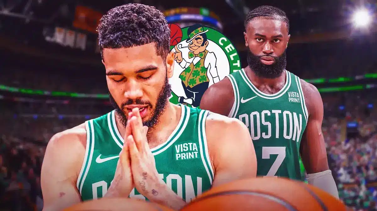 Jayson Tatum and Jaylen Brown looking serious on a TD Garden background with the Raptors logo in the corner