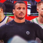Celtics Joe Mazzulla and Kristaps Porzingis with Pacers Tyrese Haliburton during NBA In Season Tournament
