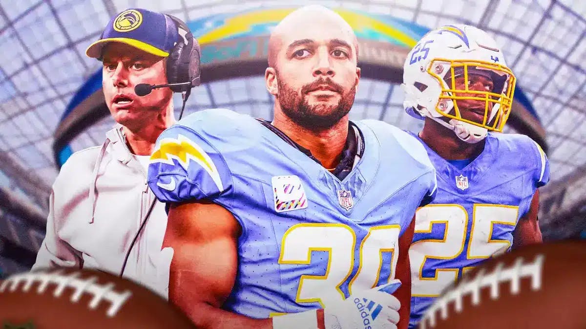 Austin Ekeler in middle of image looking stern, Brandon Staley and Joshua Kelley on either side, LA Chargers logo, football field in background