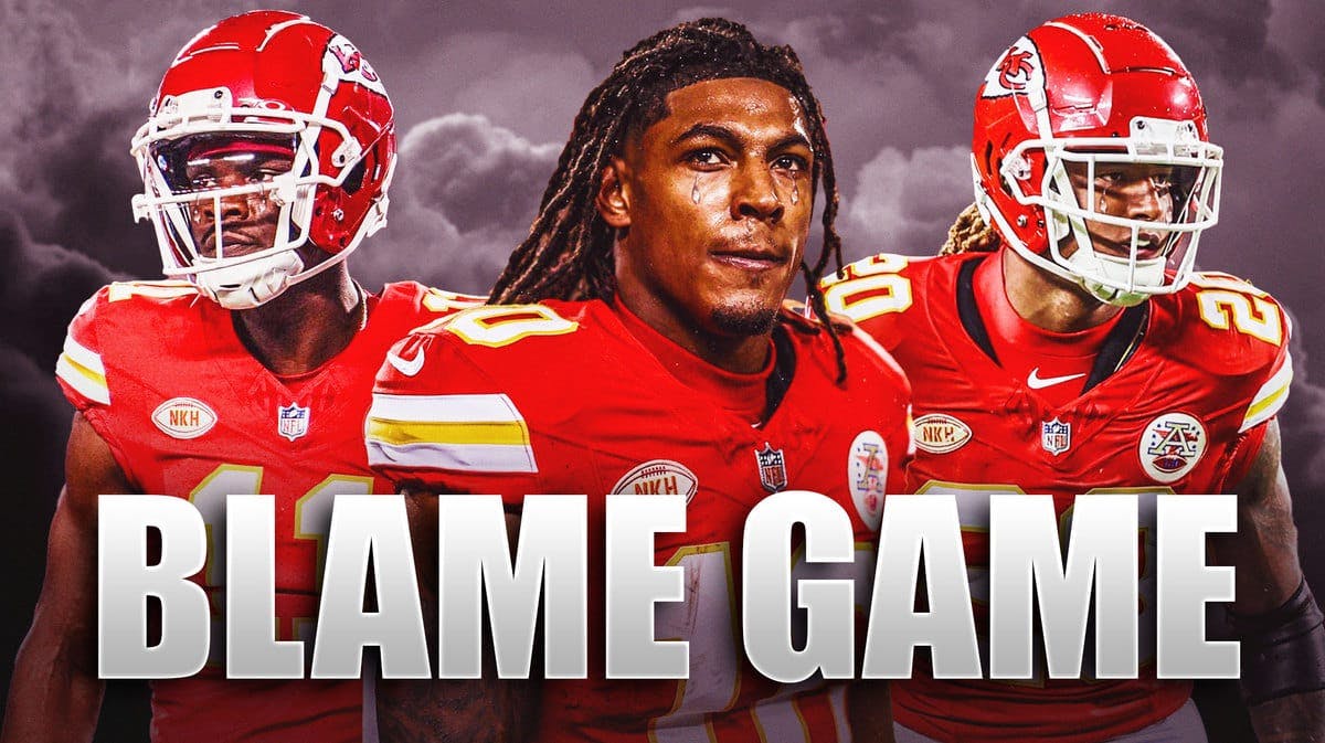 Justin Reid, Isiah Pacheco, Marquez Valdes-Scantling all with tear emojis 💧 and with crying Kansas City Chiefs fans in the background.