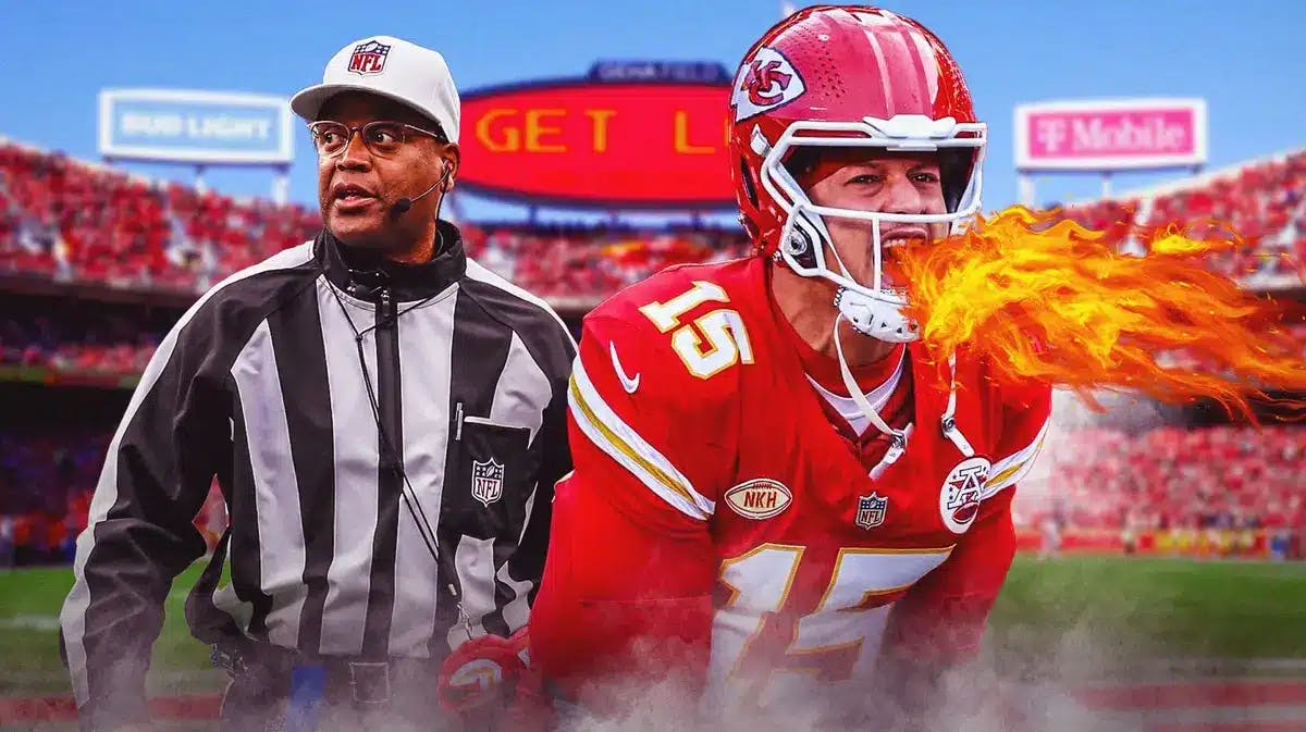 Patrick Mahomes looking angry breathing fire, NFL referee next to him