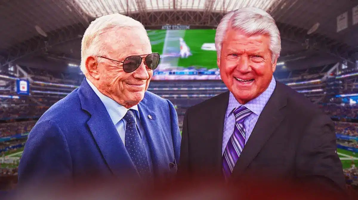 Cowboys Jimmy Johnson and Jerry Jones before Ring of Honor ceremony against Lions
