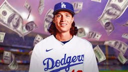 Tyler Glasnow in Dodgers uniform with a ton of money flying around him