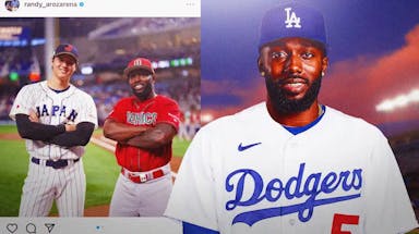 Randy Arozarena’s Instagram post in background. In front, place Randy Arozarena in a Dodgers uniform.