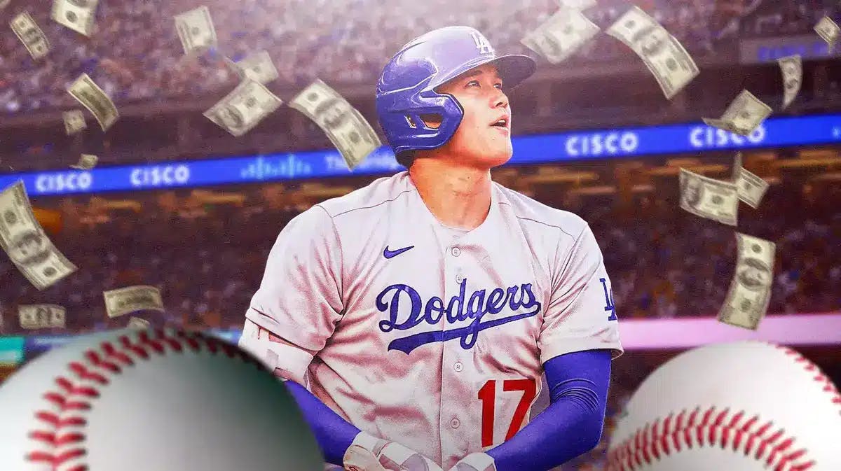Shohei Ohtani, photoshopped in a Dodgers uniform, in action, either pitching or hitting, and “glowing” he’s surrounded by faint dollar signs and dollar bills