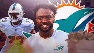Austin Jackson in middle of image looking happy with fire around him, money in image, MIA Dolphins logo, football field in background