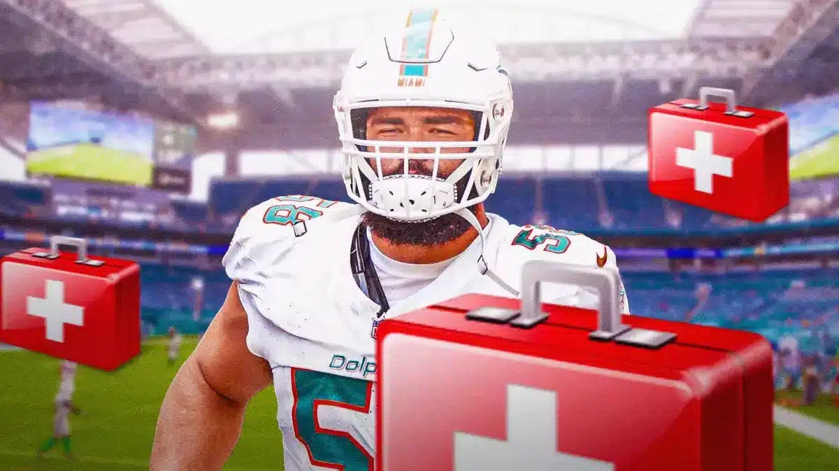 Miami Dolphins star Connor Williams around injury boxes in front of Hard Rock Stadium.