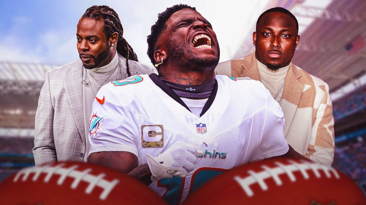 Photo: Tyreek Hill in Dolphins uniform with LeSean McCoy and Richard Sherman in a suit