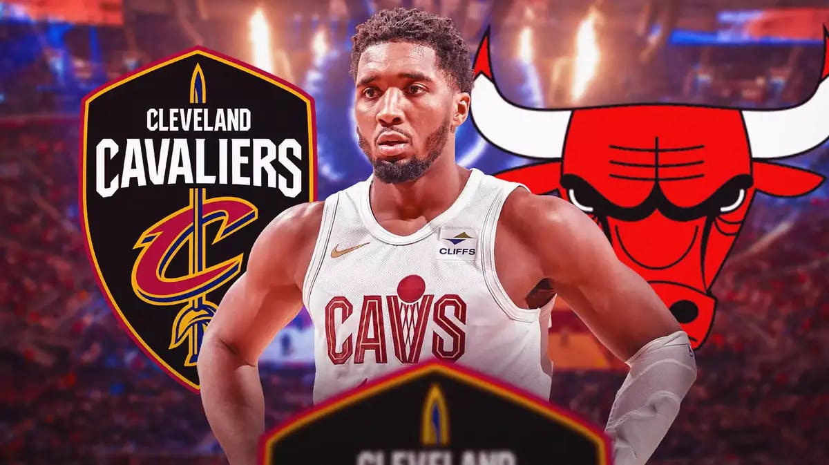 Donovan Mitchell in middle of image looking stern, CLE Cavs and CHI Bulls logos, basketball court in background