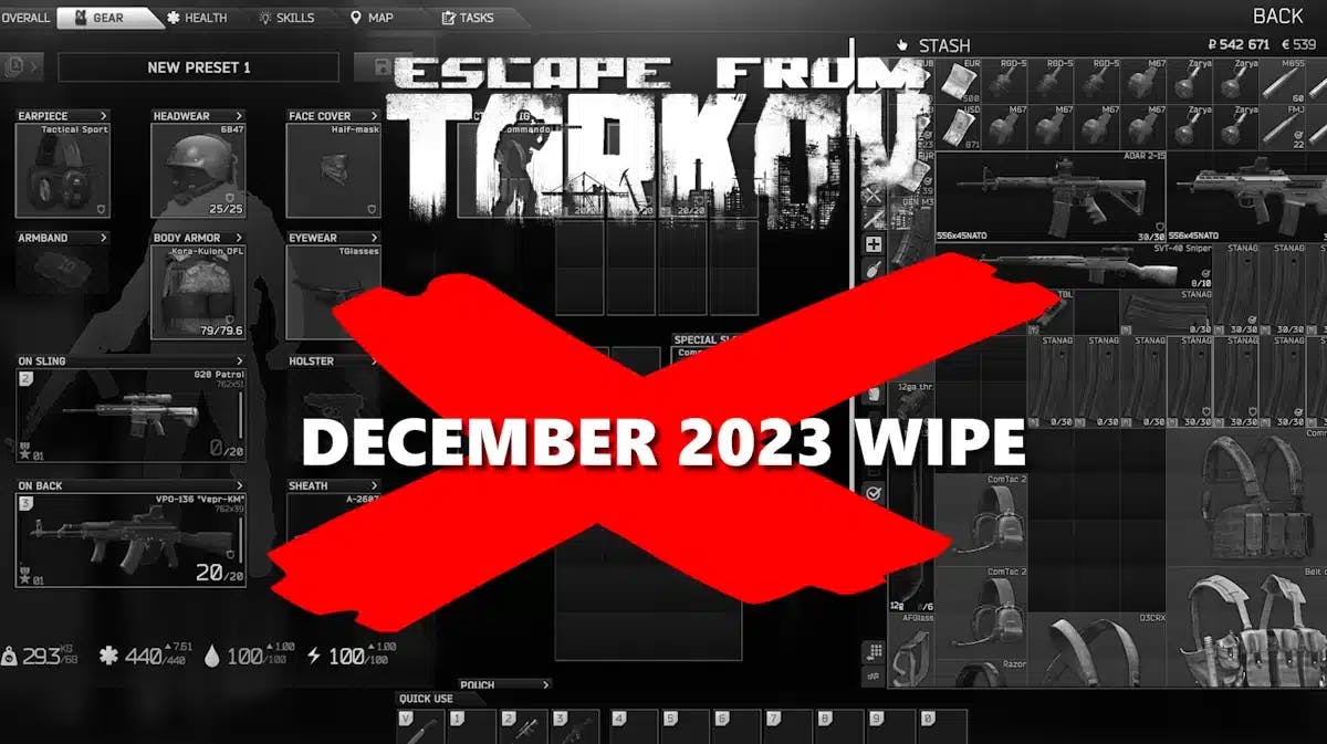 tarkov december 2023 wipe, tarkov wipe 2023, tarkov wipe, tarkov wipe date, escape from tarkov, a grayscale image of a player stash in escape from tarkov with the game logo and a red x mark with the words december 2023 wipe on it