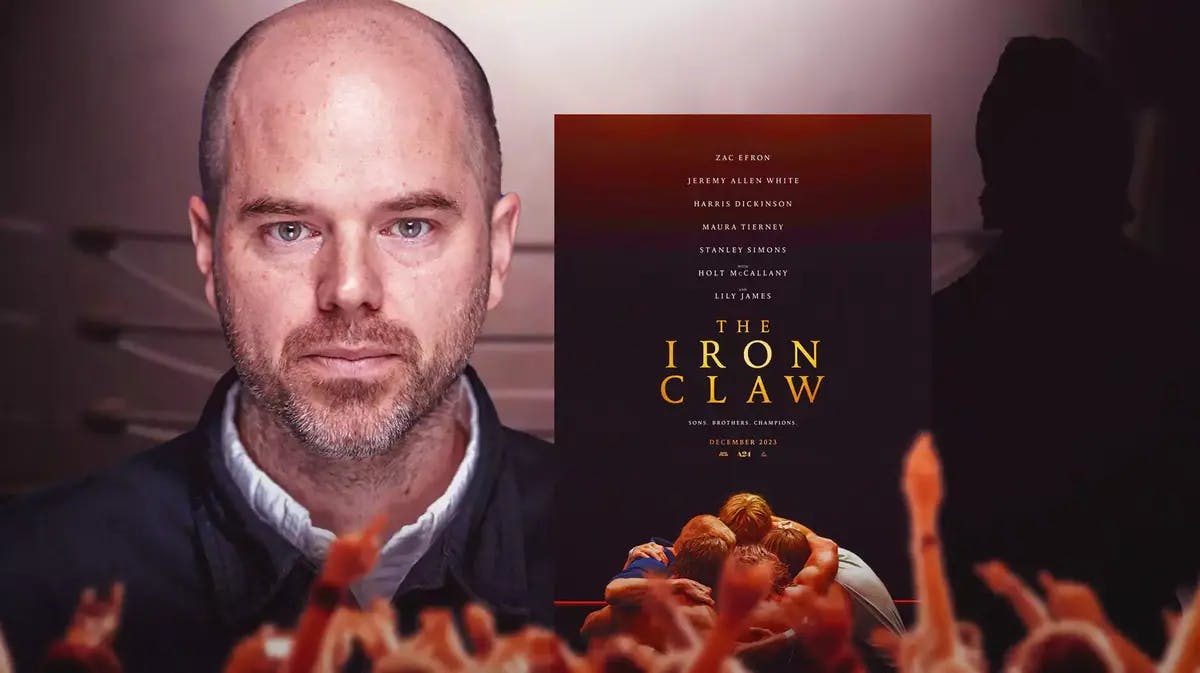Sean Durkin next to The Iron Claw poster and Ric Flair silhouette with wrestling ring background.