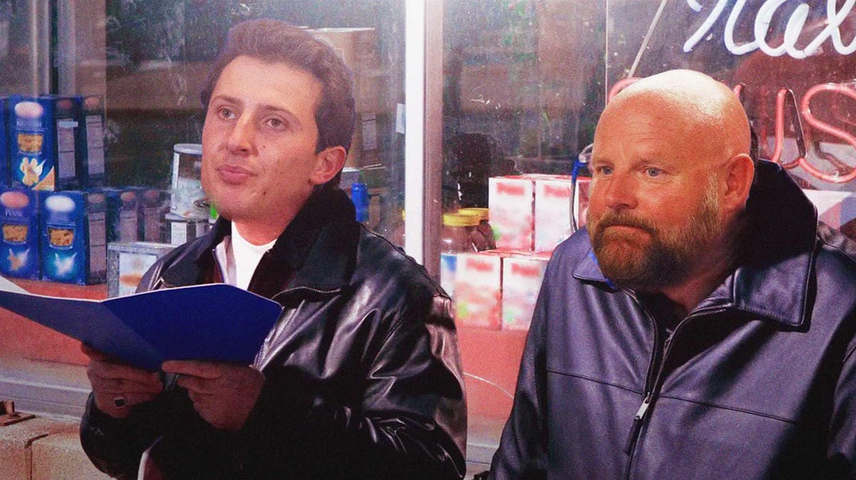 Tommy DeVito (Giants QB) as Paulie (man on LEFT) and Brian Daboll (Giants head coach) as Tony Soprano (man on RIGHT)