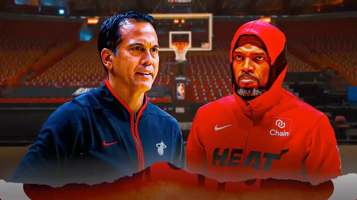 Miami Heat head coach Erik Spoelstra and Udonis Haslem in front of the Kaseya Center.