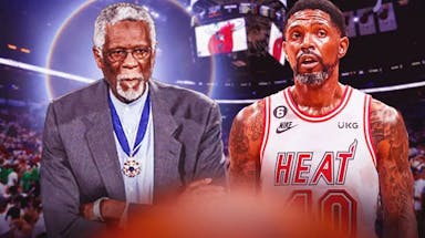 Former Jimmy Butler Heat teammate Udonis Haslem with Celtics great Bill Russell