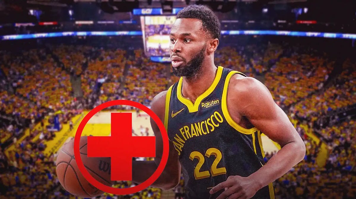 Andrew Wiggins with the Warriors arena in the background, also include an injury/medical red cross, Christmas Day Nuggets