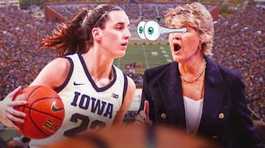 Iowa women's basketball guard Caitlin Clark and head coach Lisa Bluder
