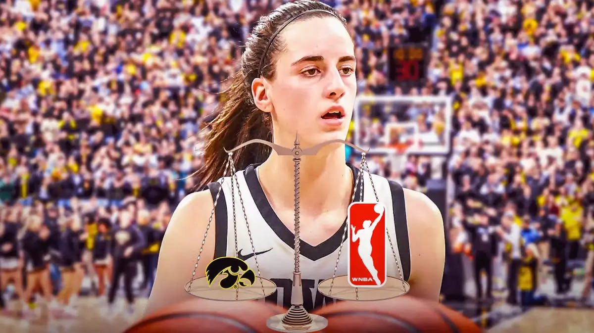 Iowa women’s basketball player Caitlin Clark on a basketball court, with a scale with the University of Iowa logo on one side of the scale and the WNBA logo on the other side of the scale, as if she is weighing the two logos