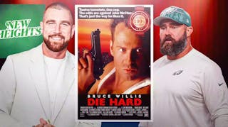 Die Hard poster with New Heights podcast logo, Travis and Jason Kelce around poster.