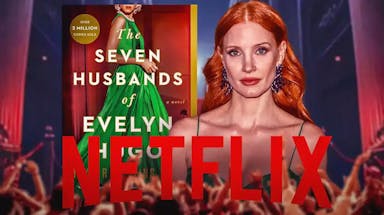 The Seven Husbands of Evelyn Hugo book cover with Jessica Chastain and Netflix logo.