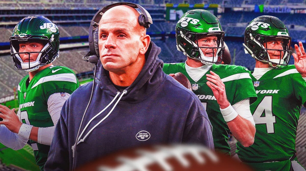 NY Jets coach Robert Saleh in middle and in forefront of image, with Jets QBs Tim Boyle, Trevor Siemian, and Zach Wilson in background