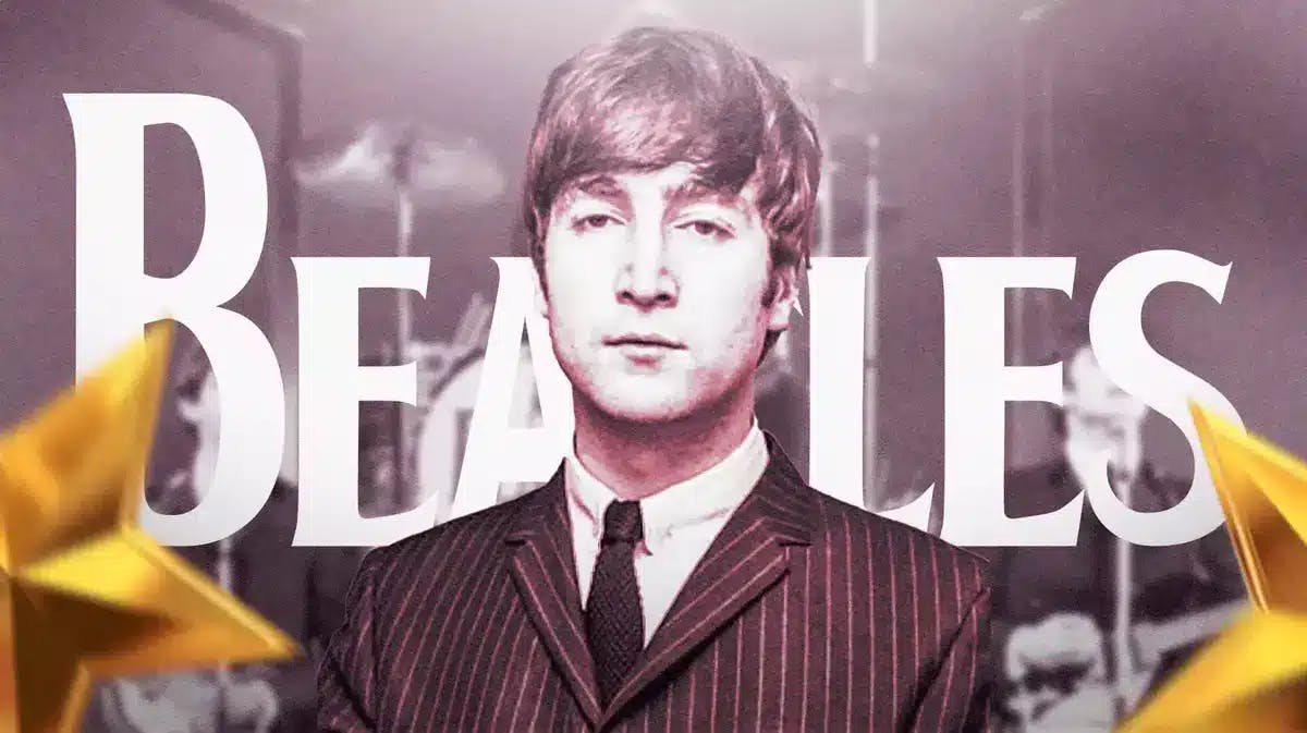 John Lennon with the Beatles logo behind him.