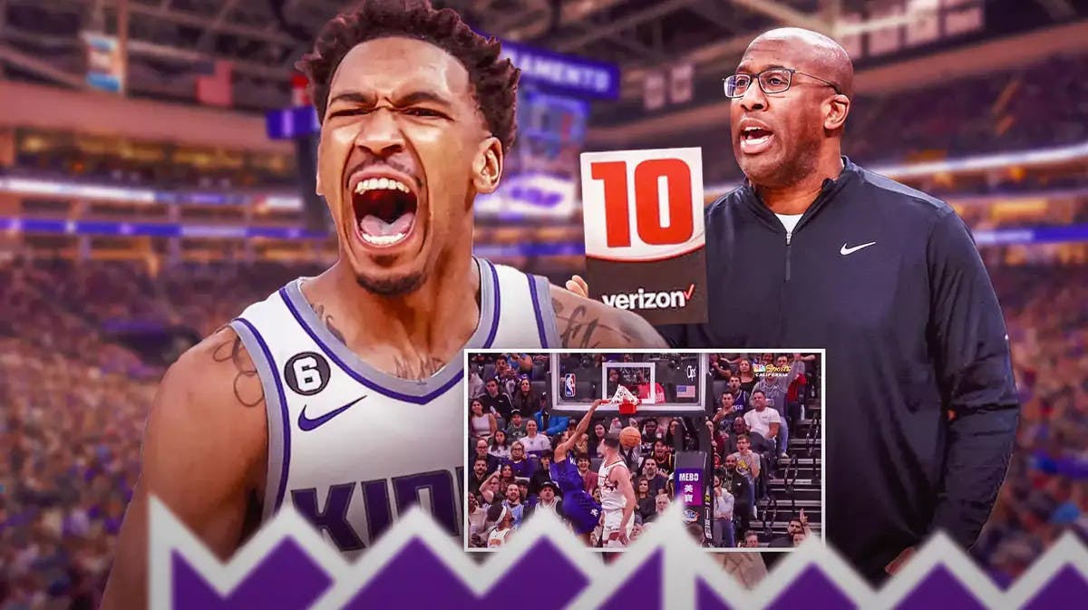Thumb: Kings' Malik Monk screaming. Mike Brown edited into Dunk Contest judge holding a 10 score. Add screenshot atteached as insert.