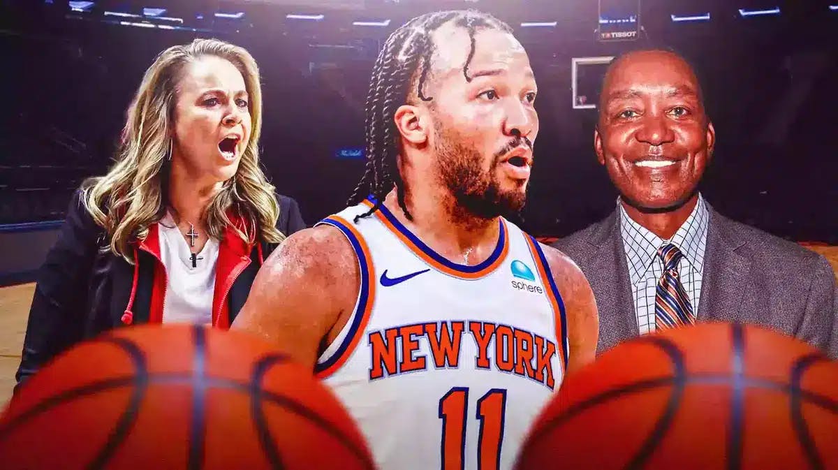 New York Knicks star Jalen Brunson with Becky Hammon and Isiah Thomas in front of Madison Square Garden.