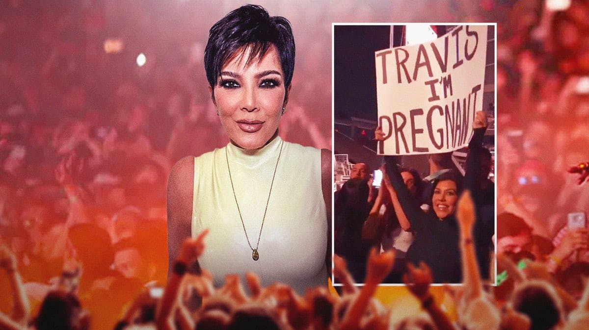 Kris Jenner and Kourtney Kardashian with her pregnancy sign at Travis Barker's concert