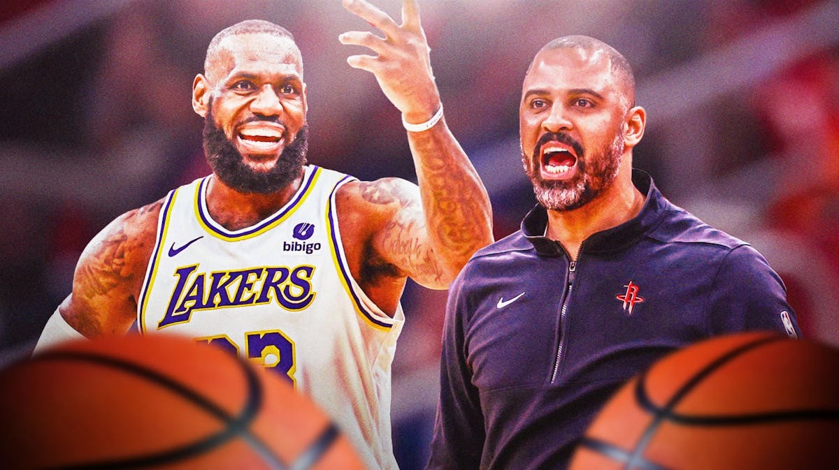 Lakers star LeBron James on the left, with Rockets coach Ime Udoka on the right, yelling at one another.