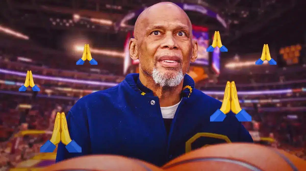 Kareem Abdul-Jabbar with the prayer hands emoji all around in the background