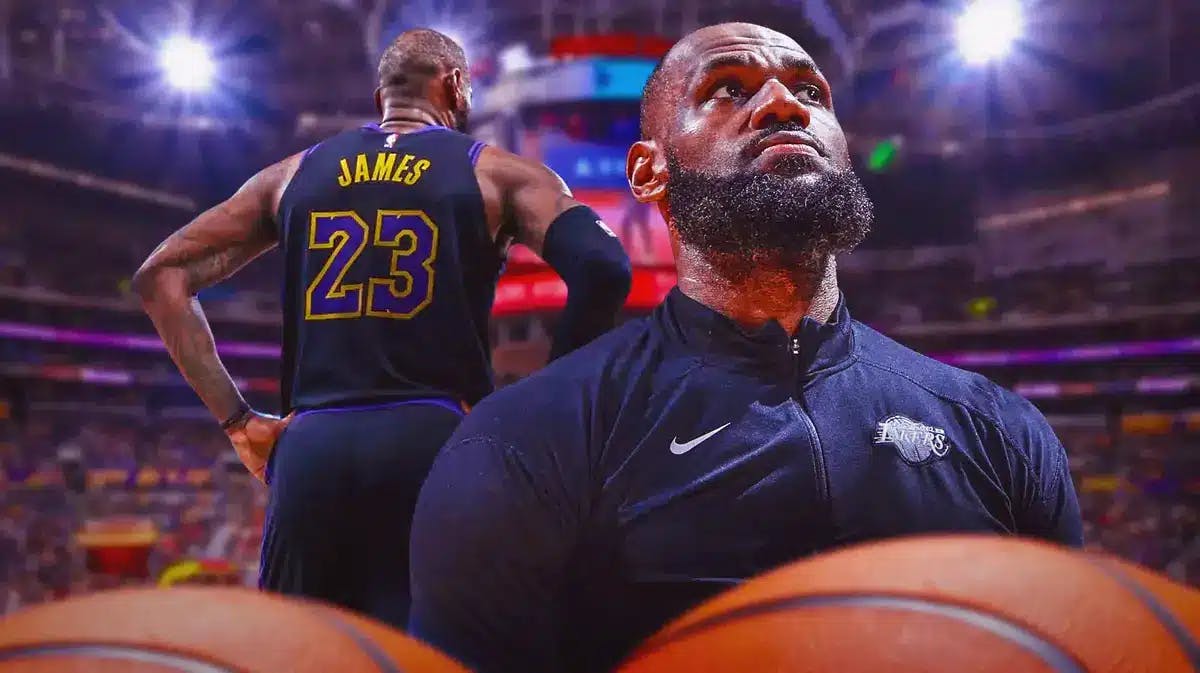 Los Angeles Lakers star LeBron James in front of Crypto.com Arena.
