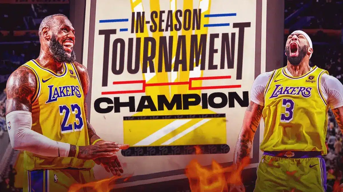 Lakers' LeBron James, Lakers' Anthony Davis in front. In background need a banner that reads: IN-SEASON TOURNAMENT CHAMPION