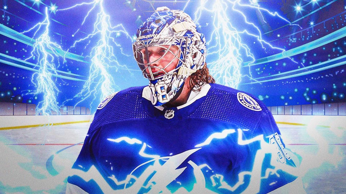 ACTION shot of Andrei Vasilevskiy of the Lightning with electric current effect