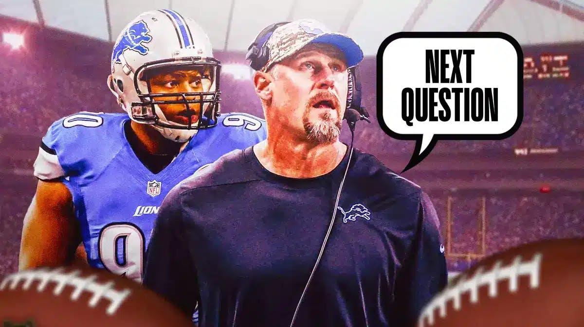 Detroit Lions head coach Dan Campbell and a speech bubble “Next Question” and image of former Lions player Ndamukong Suh in Detroit Lions uniform.