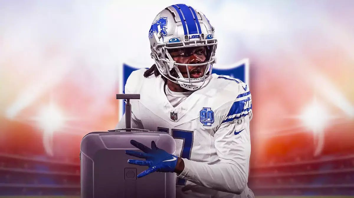 Photo: Tedd Bridgewater in a Lions uniform with his luggage and NFL logo in the background