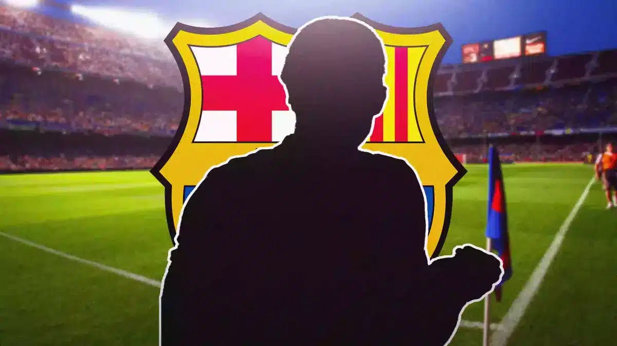 The silhouette of Amadou Onana in front of the Barcelona and Manchester United logos