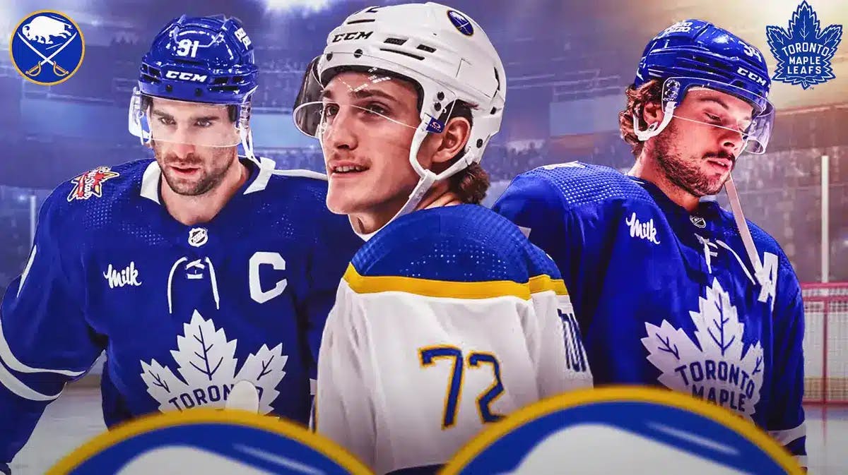 John Tavares and Auston Matthews on either side looking stern, Tage Thompson in middle looking happy, BUF Sabres and TOR Maple Leafs logos, hockey rink in background