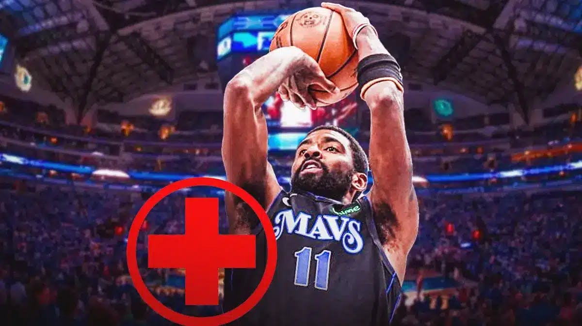 ACTION SHOT of Kyrie Irving (Mavs) with medical plus symbol