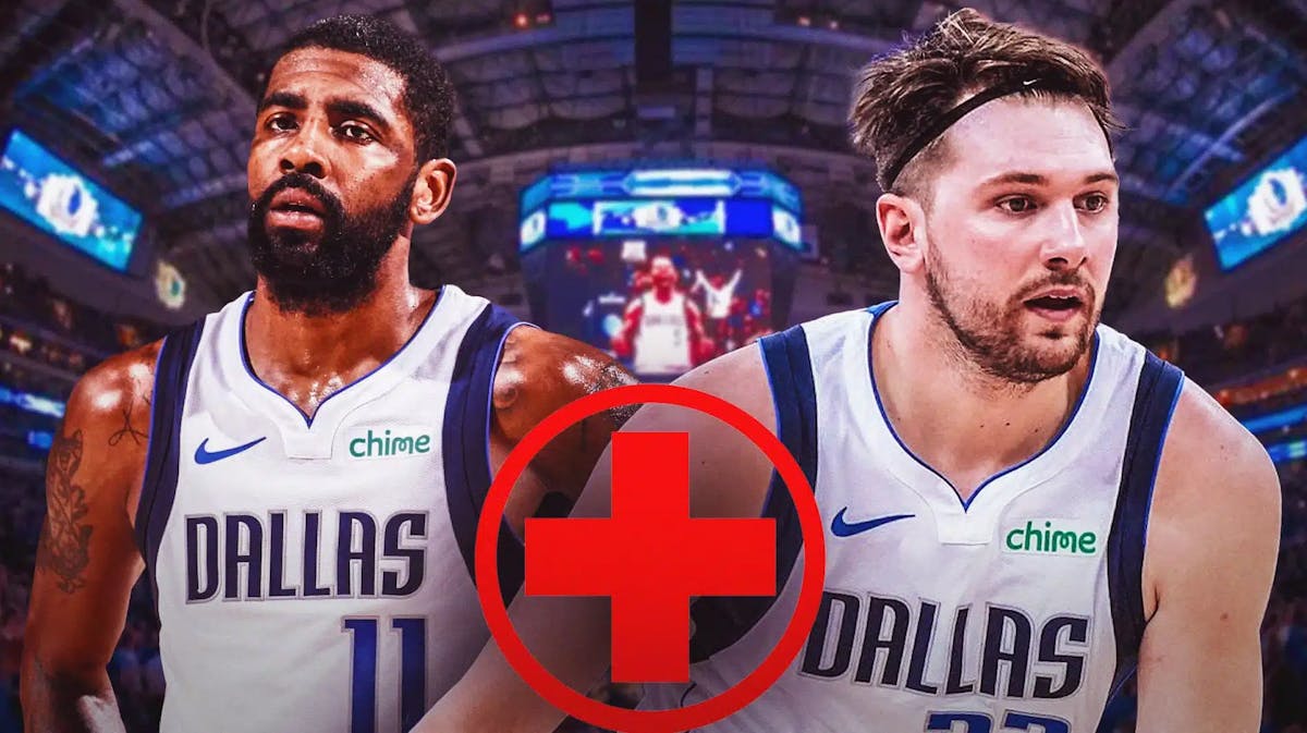 Kyrie Irving alongside Luka Doncic with the Mavs arena in the background, also include an injury/medical red cross