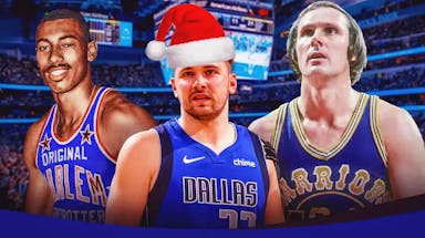Mavs star Luka Doncic with Christmas hat beside Rick Barry and Wilt Chamberlain