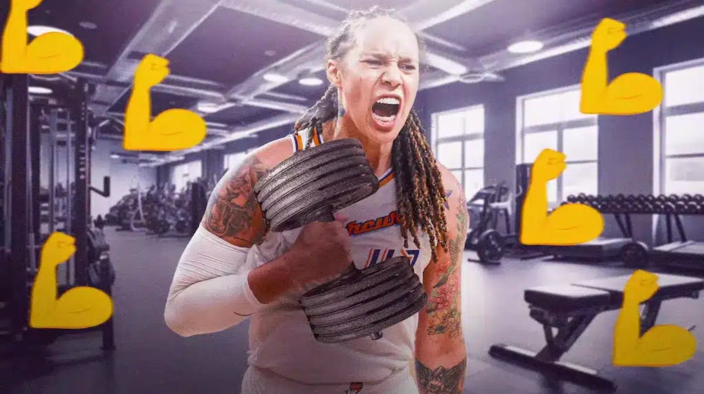 Phoenix Mercury player Brittney Griner with workout emojis and weightlifting emojis around her