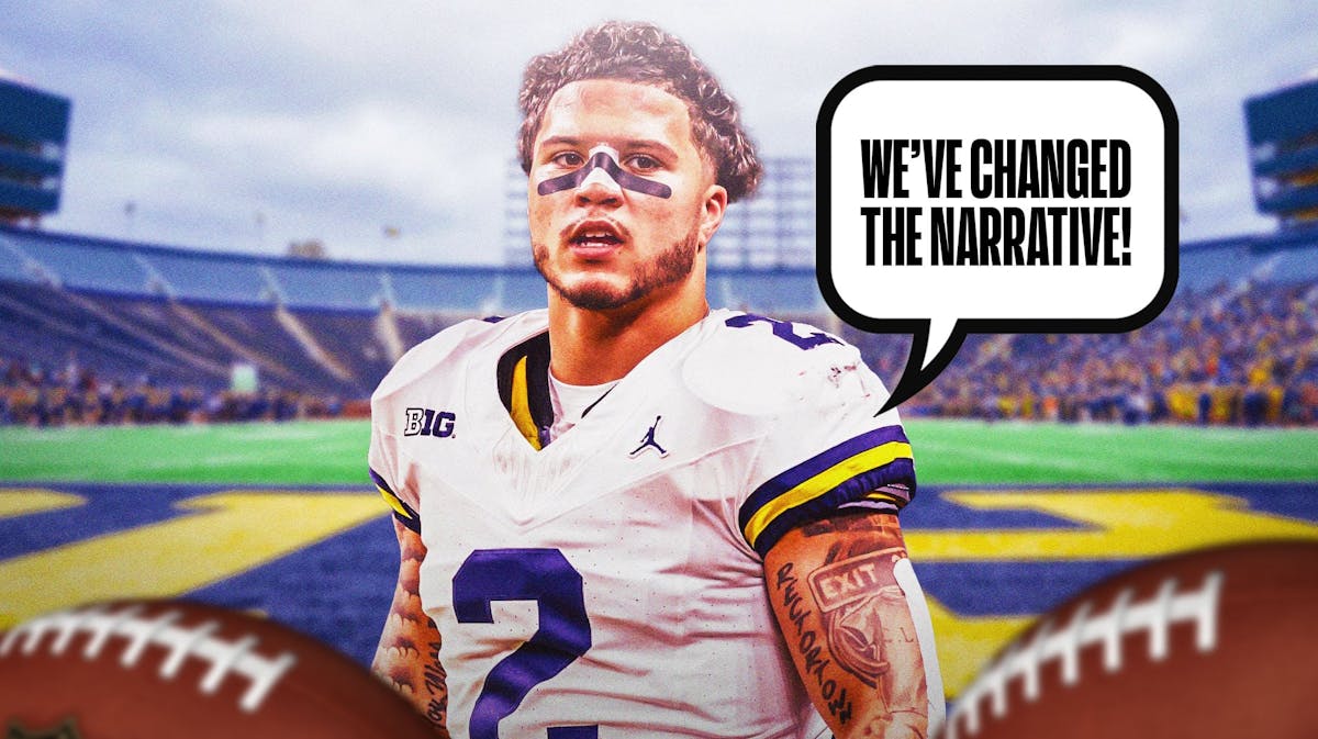 Michigan Football running Blake Corum, with the quote bubble "We've changed the narrative."