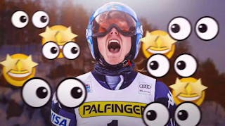 Women’s slalom skier Mikaela Shiffrin, in her slalom gear, with stars around here and the eye-popping emoji